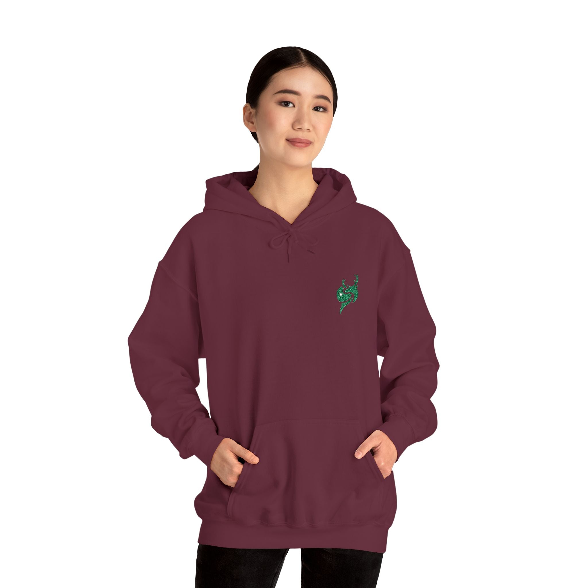 Hoodie — Small Green Fox Chest Logo, Minimal Cozy Pullover