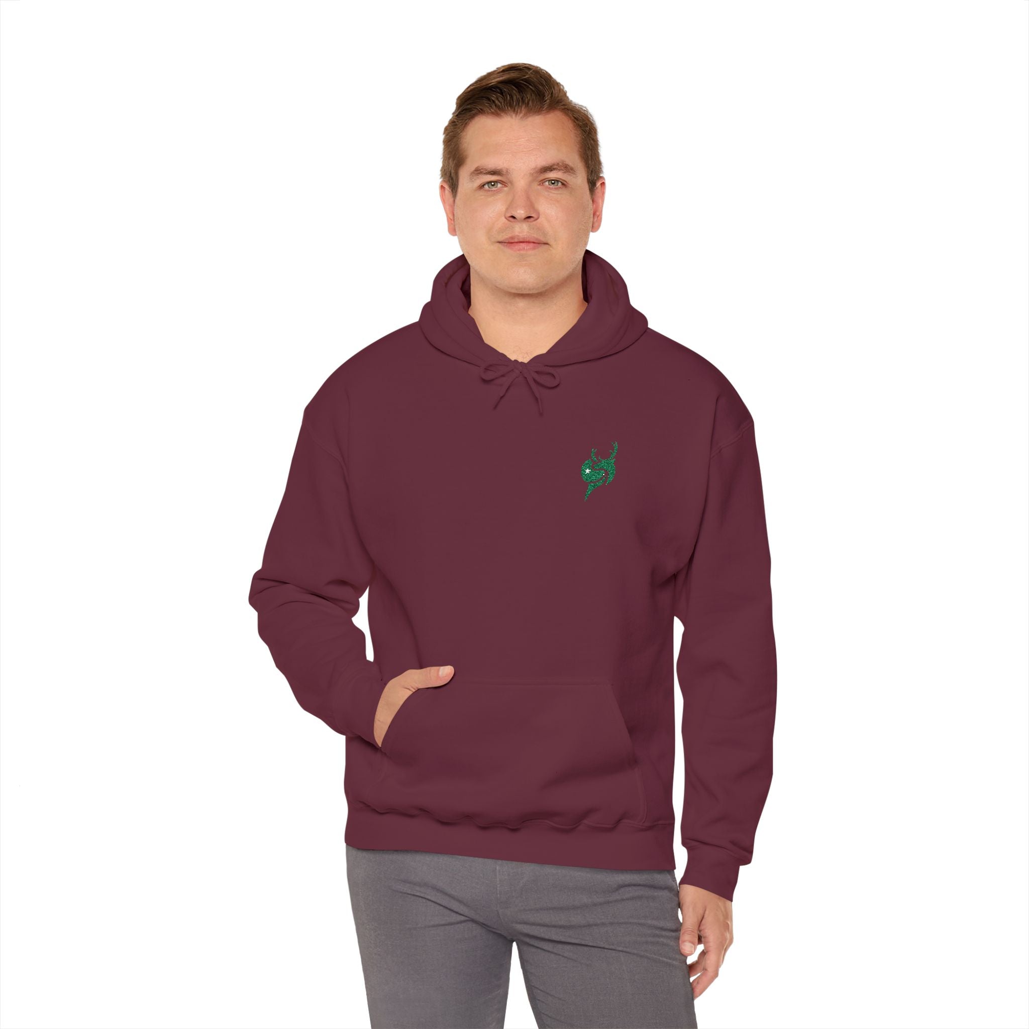 Hoodie — Small Green Fox Chest Logo, Minimal Cozy Pullover